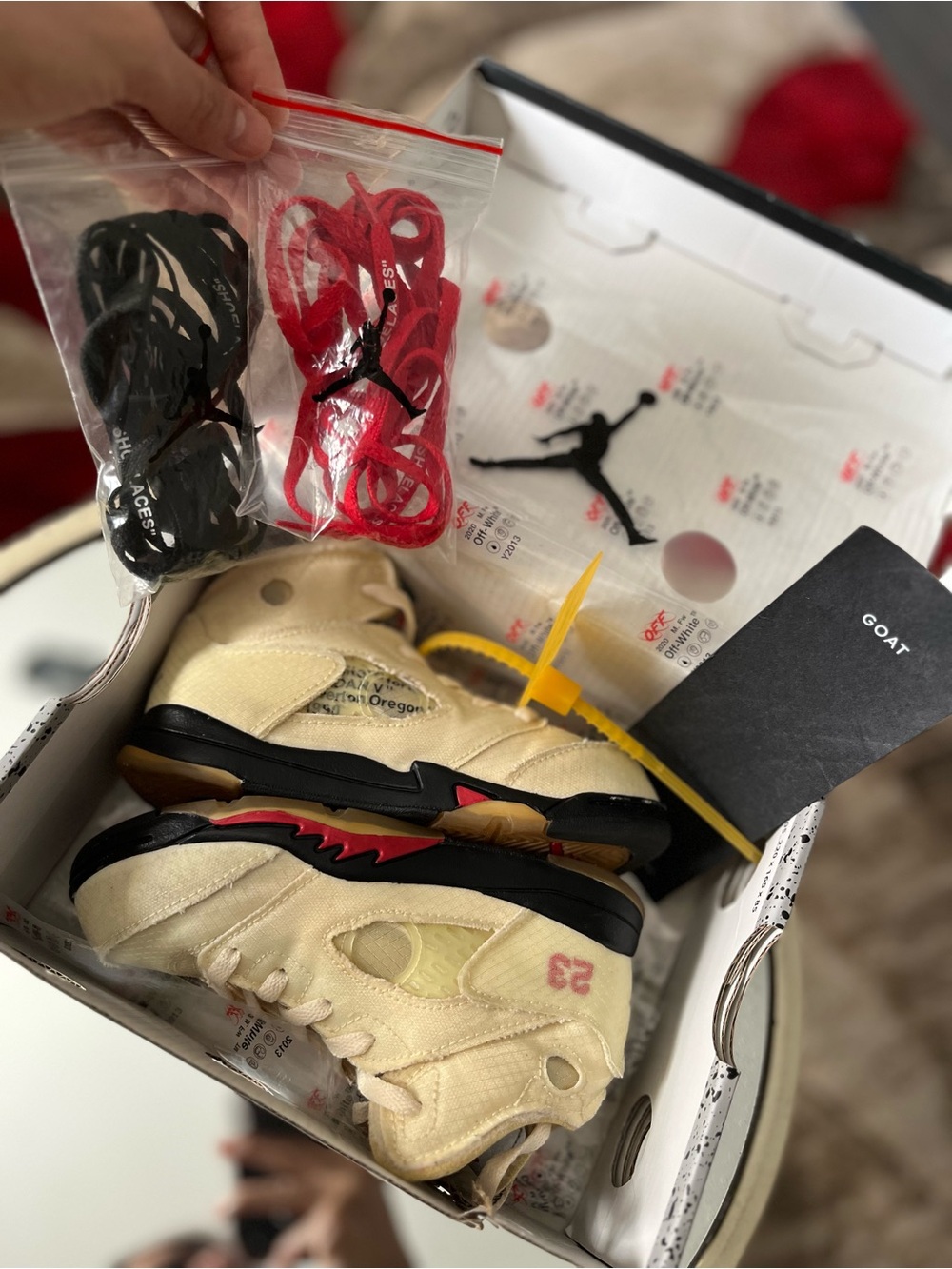 Off-White Air Jordan 5 Retro in Sail with Red & Black Accents